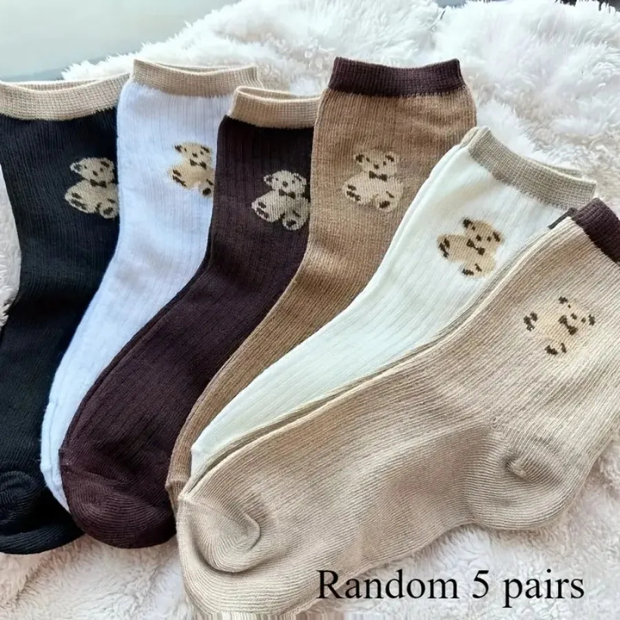 5 Pairs of Mixed Color Teddy Bear Mid Tube Socks with Cute Cartoon Pattern Design, Suitable for Casual Wear in All Seasons