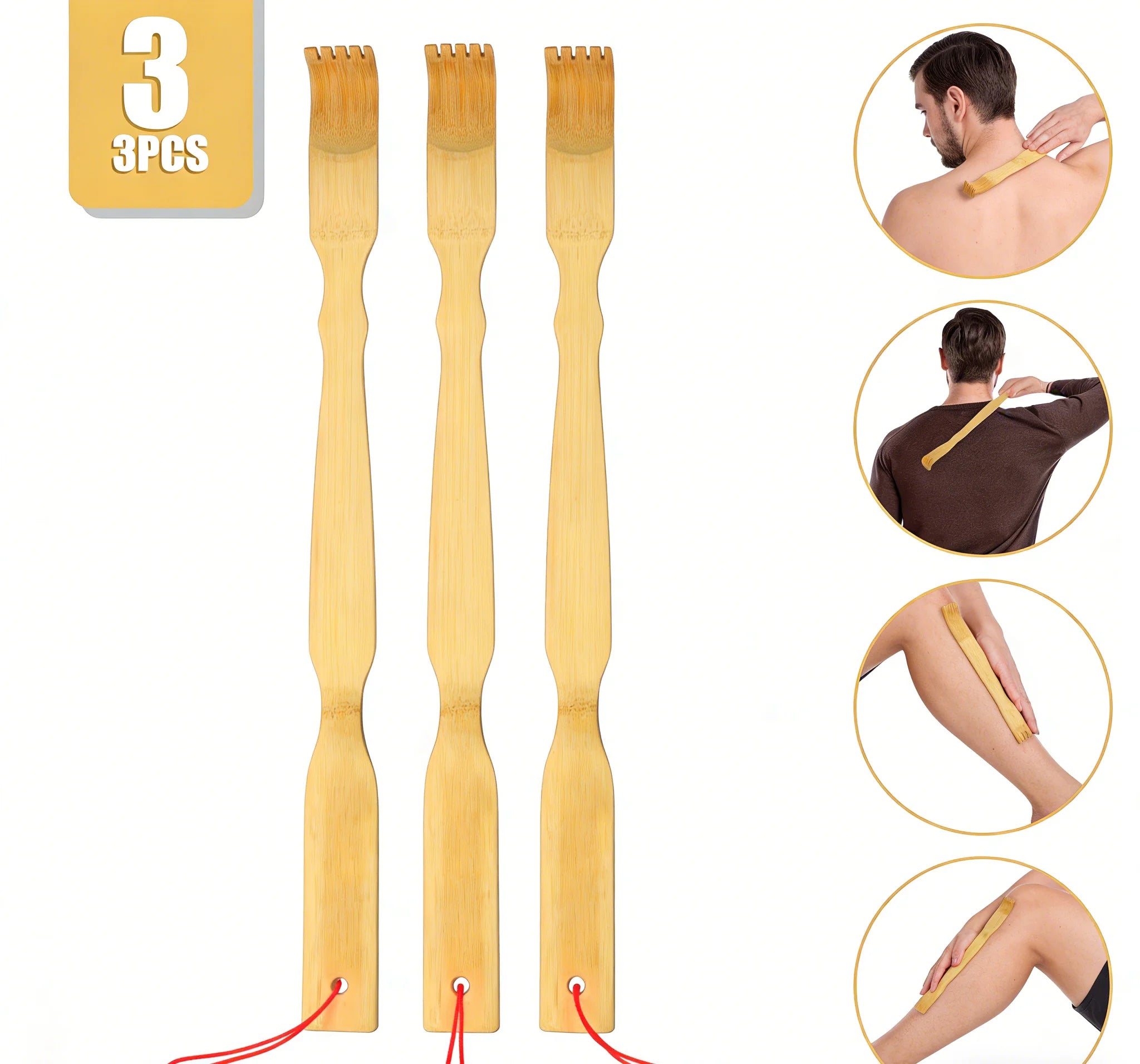 3 Pack Bamboo Back Scratchers - Convenient Long-Handle Itch Relief Tools, Large Quantity Set for Home & Travel