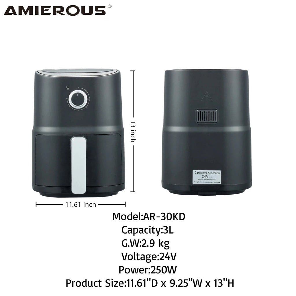 AMIEROUS Portable Air Fryer 24V DC 3.0L One-click Easy Operation Multicooker for Car Truck Travel RV Camping Black Quick & Easy