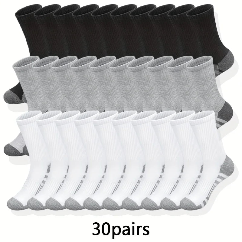 30 pairs of socks, comfortable and breathable mid-length socks (black + white + gray / 10 pairs each)