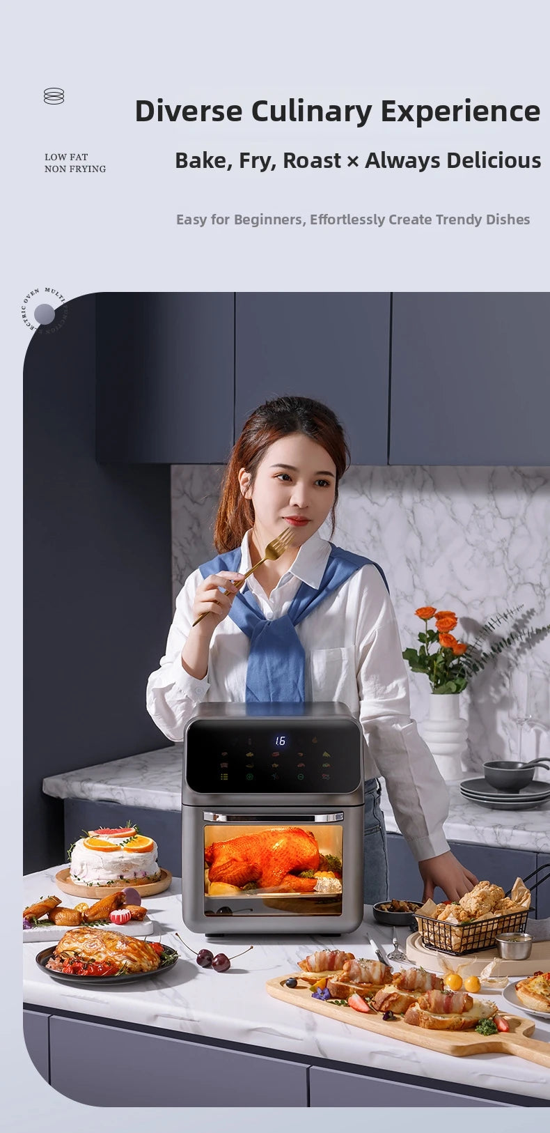 15L Visual Air Fryer with See-Through Window 1350W Digital Touchscreen 360° Hot Air Circulation  for Family/Party Fry/Roast/Bake