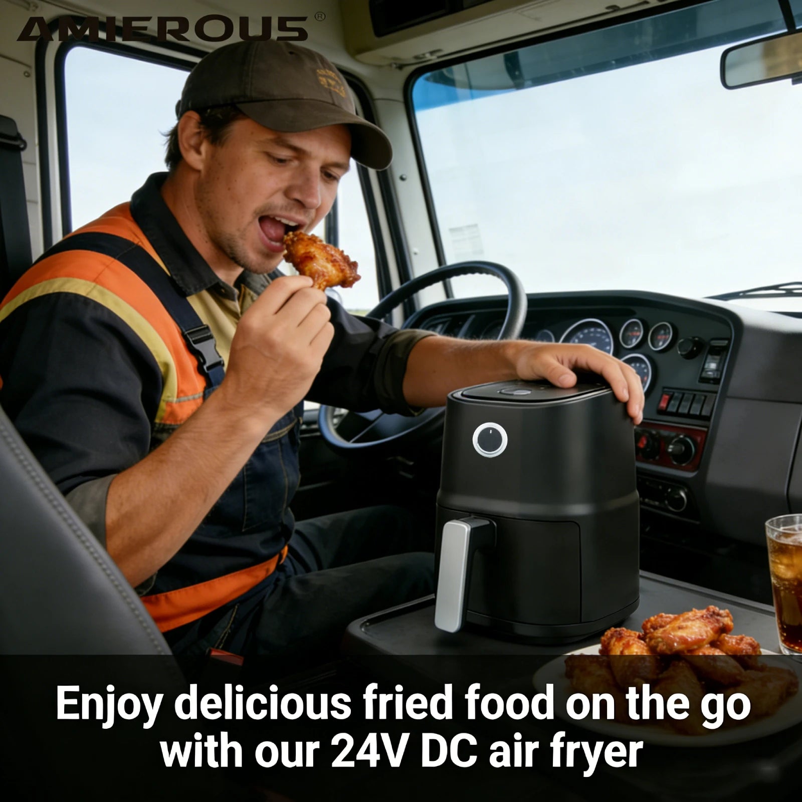 AMIEROUS Portable Air Fryer 24V DC 3.0L One-click Easy Operation Multicooker for Car Truck Travel RV Camping Black Quick & Easy