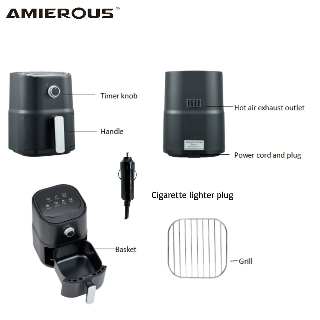 AMIEROUS Portable Air Fryer 24V DC 3.0L One-click Easy Operation Multicooker for Car Truck Travel RV Camping Black Quick & Easy