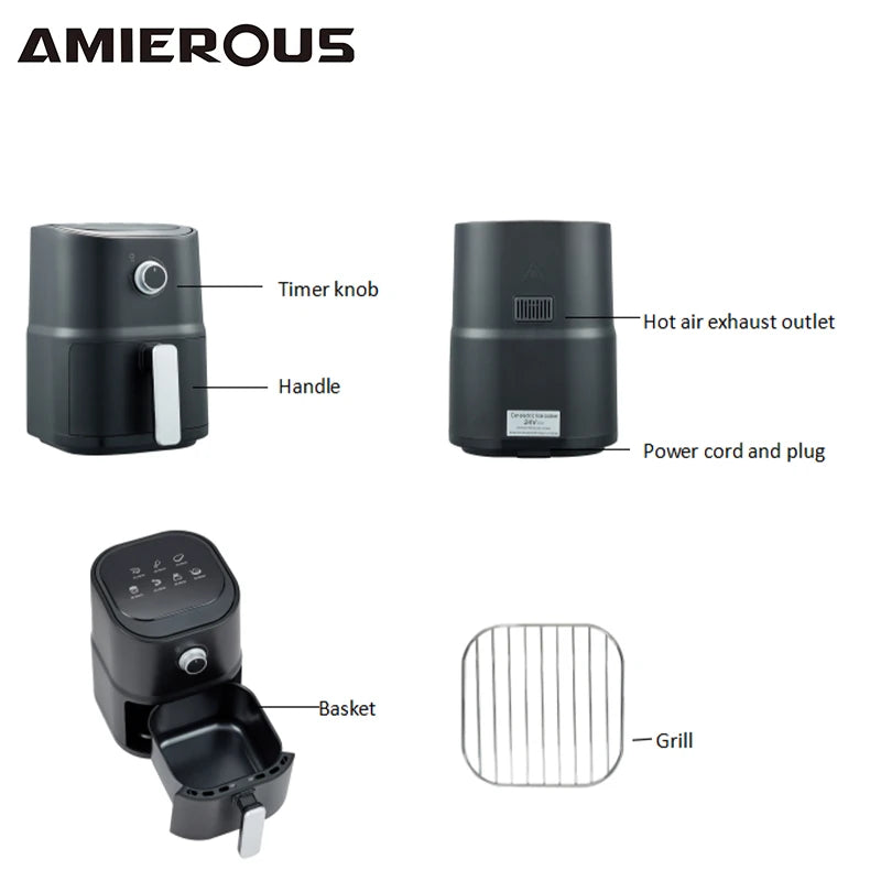 AMIEROUS Portable Air Fryer 24V DC 3.0L One-click Easy Operation Multicooker for Car Truck Travel RV Camping Black Quick & Easy