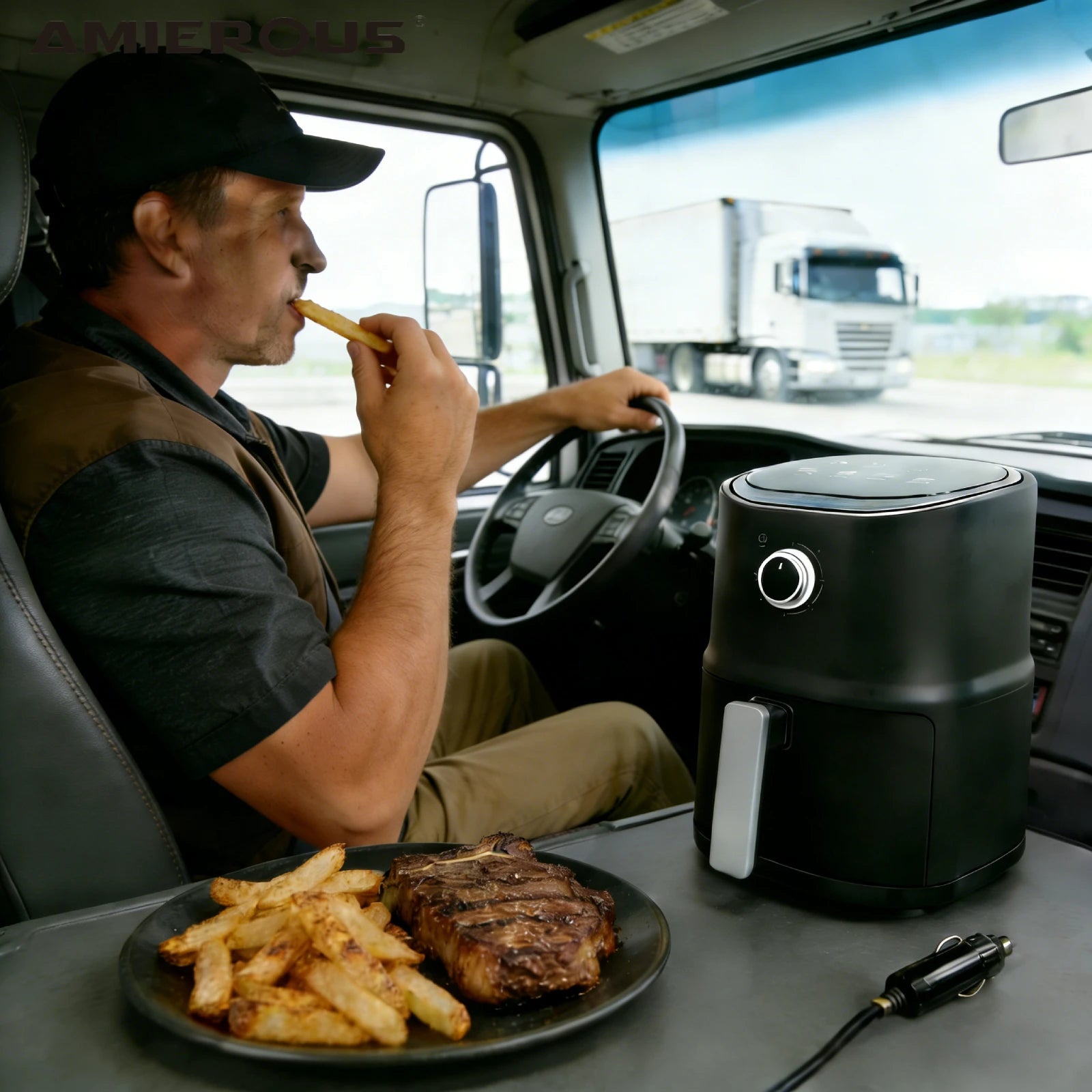 AMIEROUS Portable Air Fryer 24V DC 3.0L One-click Easy Operation Multicooker for Car Truck Travel RV Camping Black Quick & Easy