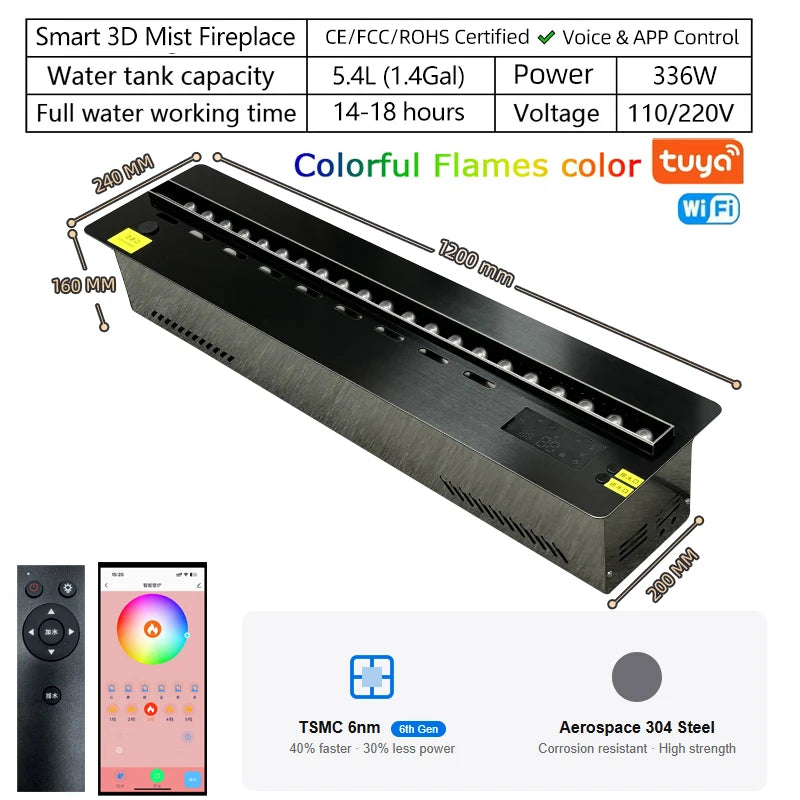 304 Stainless Steel Smart Electric Fireplace with Imported Chip LED Flame Humidifier for Home Living Room Modern Decor