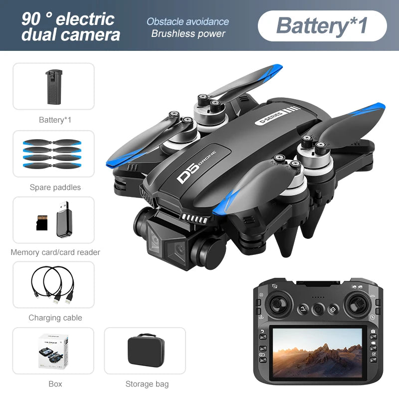D5 drone, stunt flips, lateral flight, one-key automatic return, omnidirectional obstacle avoidance, Wi-Fi, brushless motor